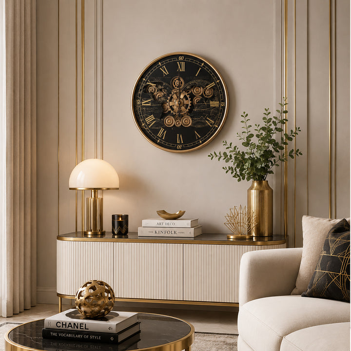 Chilli Decor Vasco Map Industrial Metal Moving Gears Wall Clock Black Gold 47cm TQ-E105 6