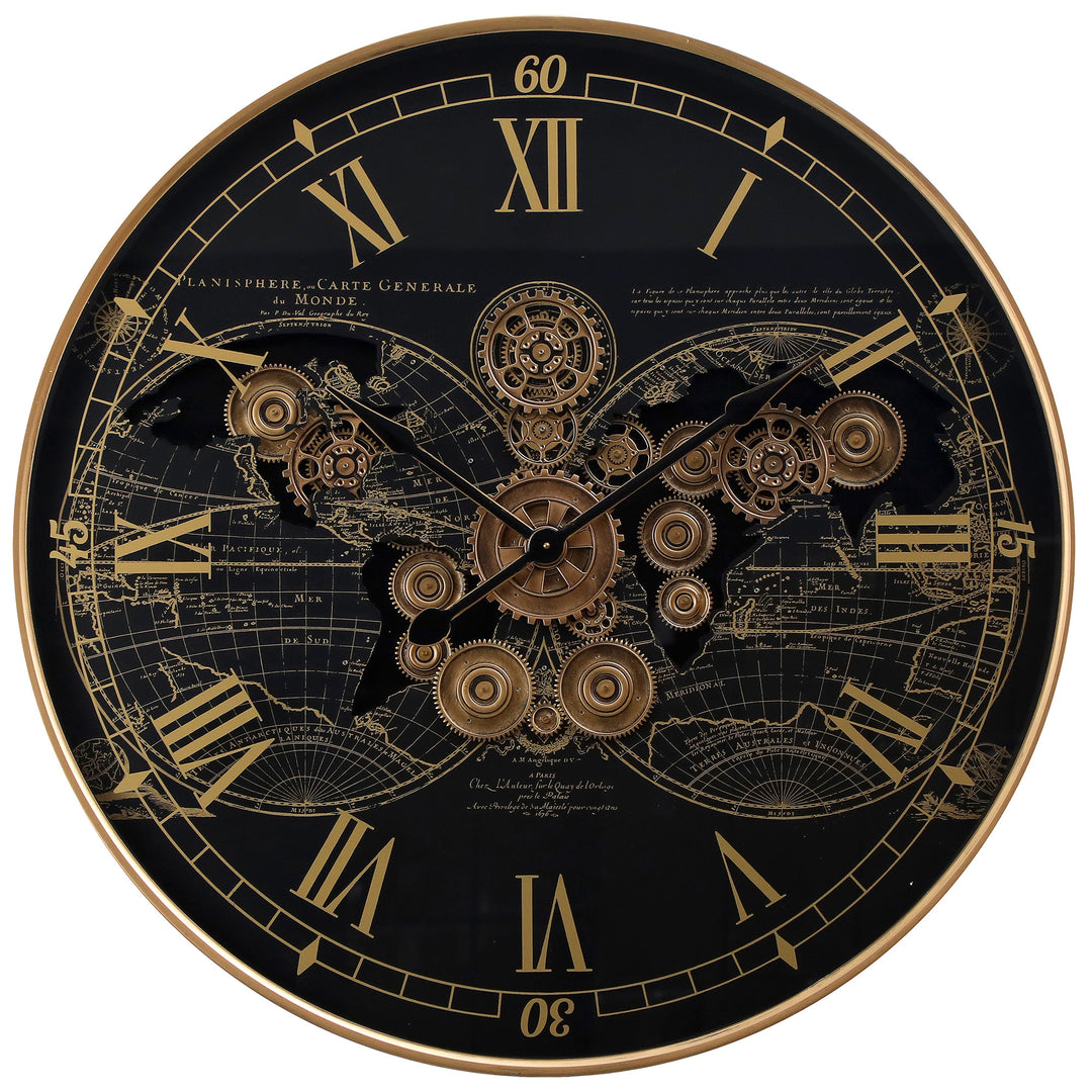Chilli Decor Vasco World Map Black Gold Metal Moving Gears Wall Clock 60cm TQ-E104 1