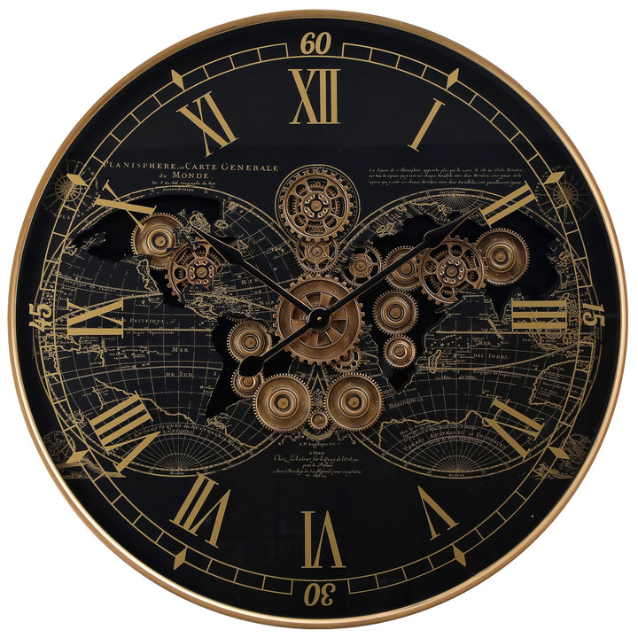 Chilli Decor Vasco World Map Black Gold Metal Moving Gears Wall Clock 60cm TQ-E104 1