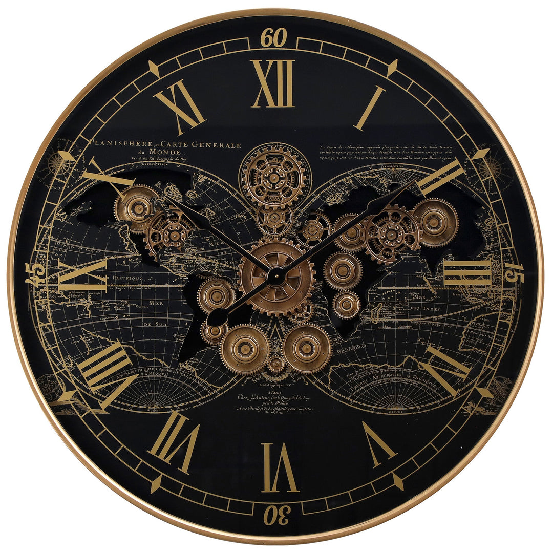 Chilli Decor Vasco World Map Black Gold Metal Moving Gears Wall Clock 60cm TQ-E104 1 