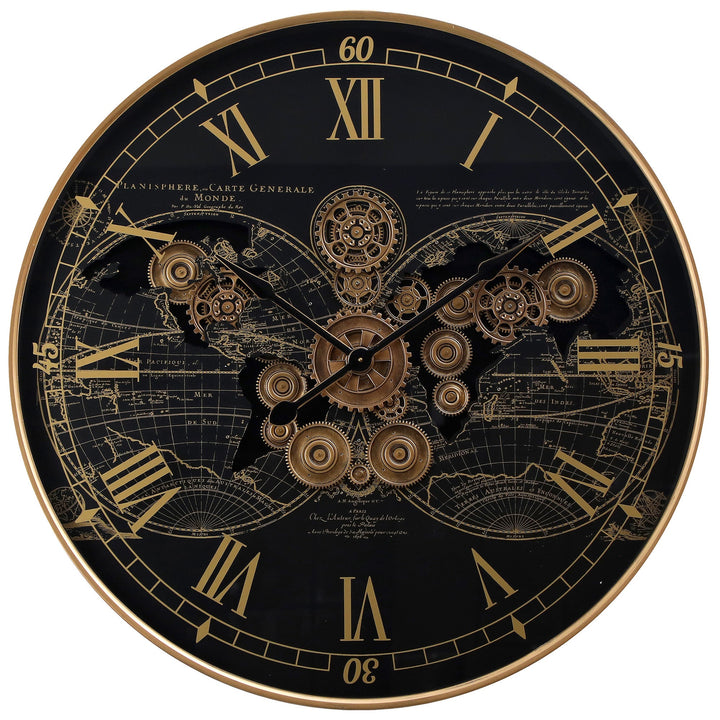 Chilli Decor Vasco World Map Black Gold Metal Moving Gears Wall Clock 60cm TQ-E104 1 