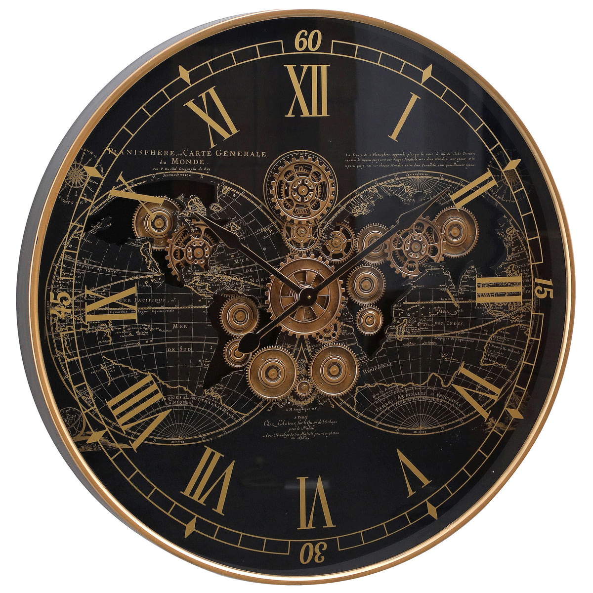 Chilli Decor Vasco World Map Black Gold Metal Moving Gears Wall Clock 60cm TQ-E104 2