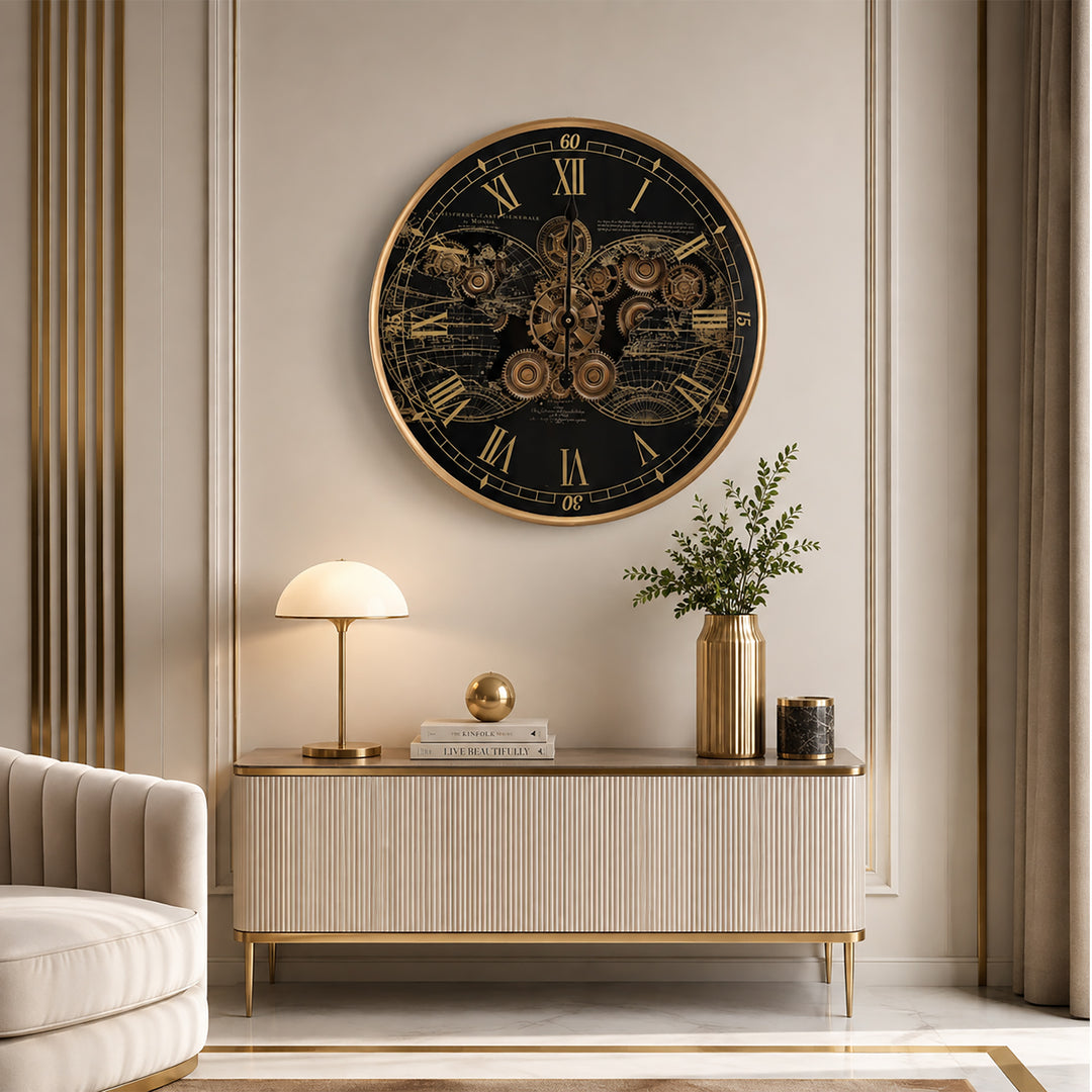 Chilli Decor Vasco World Map Black Gold Metal Moving Gears Wall Clock 60cm TQ-E104 4