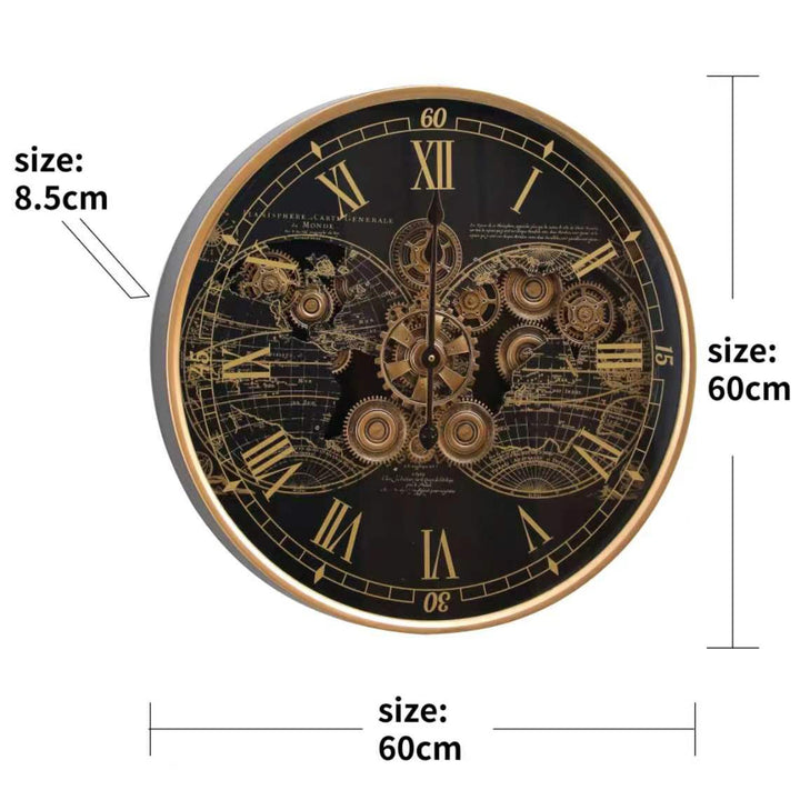 Chilli Decor Vasco World Map Black Gold Metal Moving Gears Wall Clock 60cm TQ-E104 6 