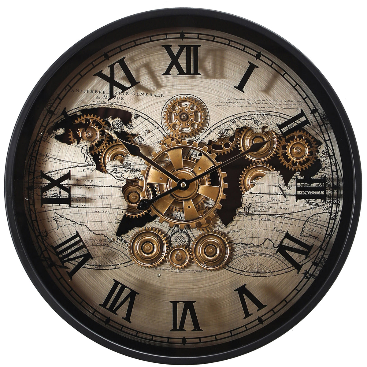 Chilli Decor Vasco World Map Black Silver Metal Moving Gears Wall Clock 48cm TQ-E162 1