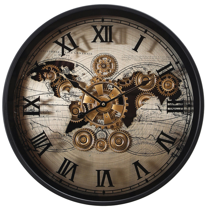 Chilli Decor Vasco World Map Black Silver Metal Moving Gears Wall Clock 48cm TQ-E162 1