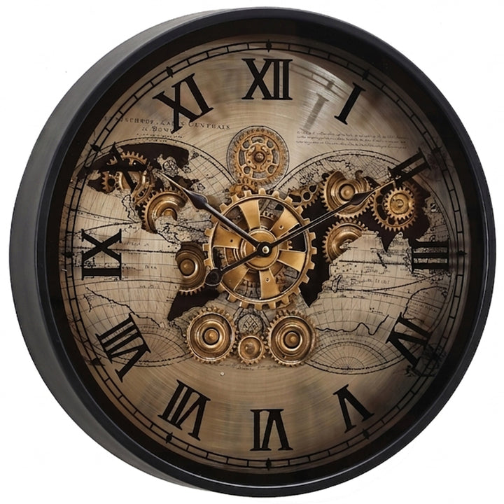 Chilli Decor Vasco World Map Black Silver Metal Moving Gears Wall Clock 48cm TQ-E162 2