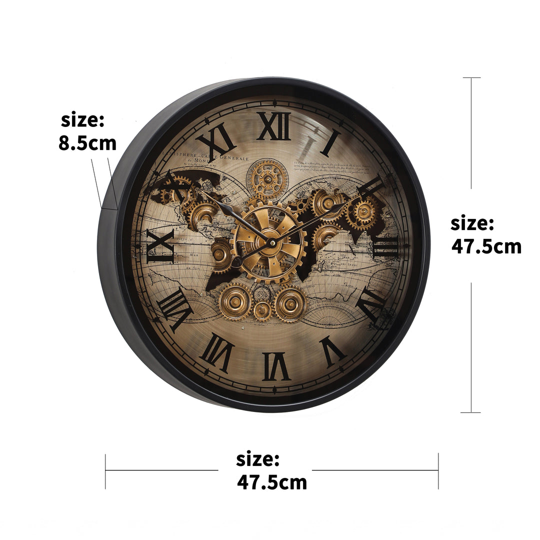 Chilli Decor Vasco World Map Black Silver Metal Moving Gears Wall Clock 48cm TQ-E162 5