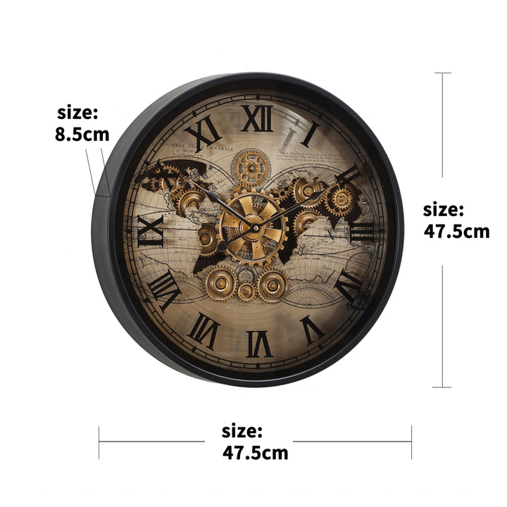 Chilli Decor Vasco World Map Black Silver Metal Moving Gears Wall Clock 48cm TQ-E162 5