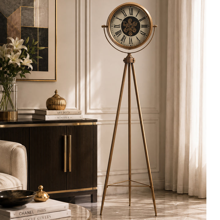 Chilli Decor Victor Tripod Gold Metal Moving Gears Floor Clock 150cm TQ-E14 5