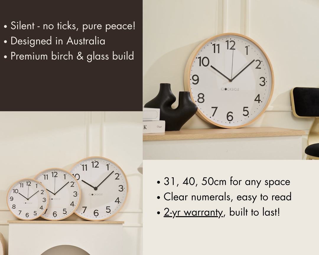 Clocksicle Silent Wood Wall Clock Black 40cm CC-40-BLCK Features #size_40cm