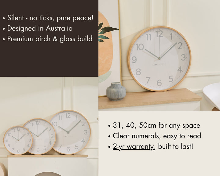 Clocksicle Silent Wood Wall Clock Grey 40cm CC-40-GREY Features #size_40cm