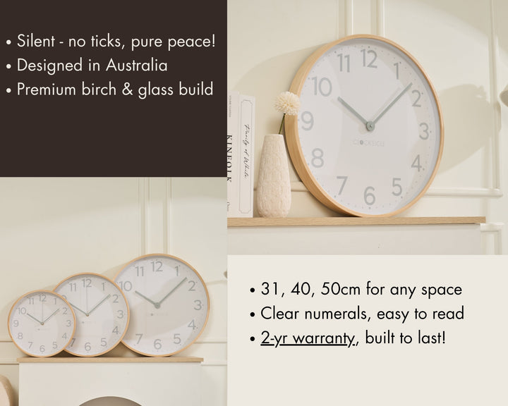 Clocksicle Silent Wood Wall Clock Grey 50cm CC-50-GREY Features #size_50cm