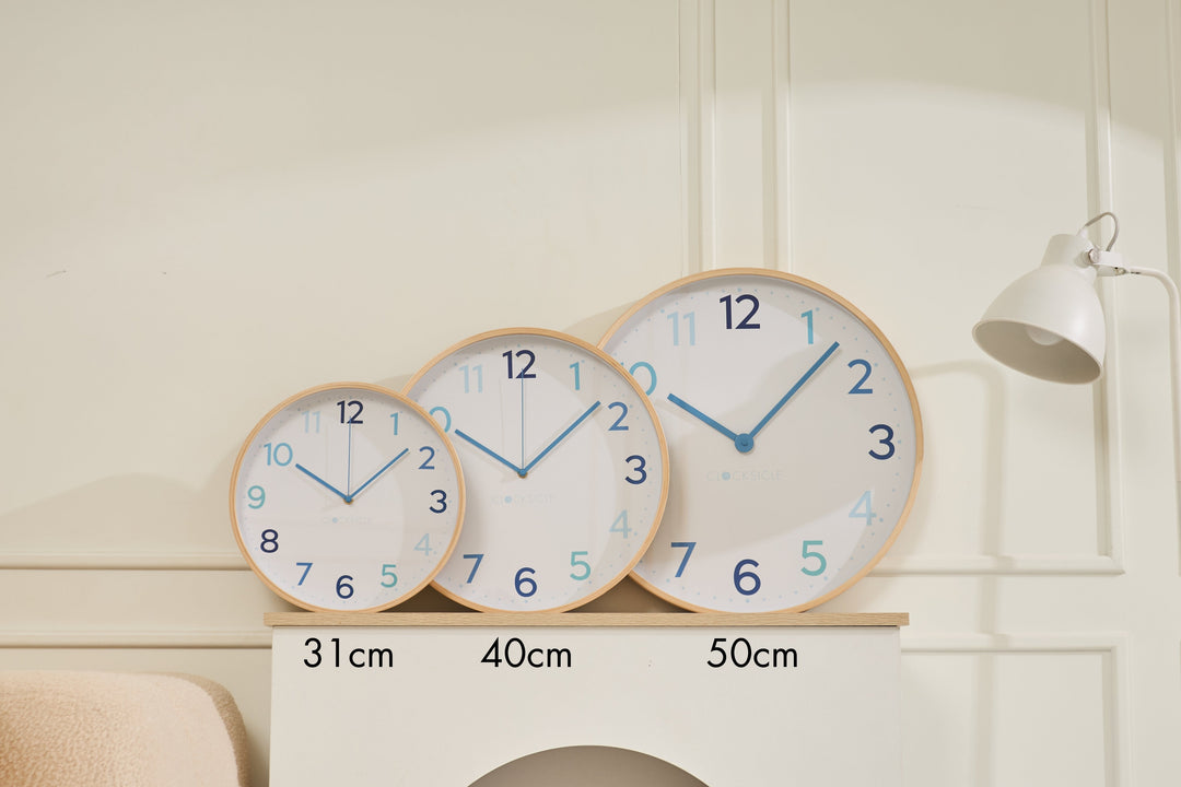 Clocksicle Silent Wood Wall Clock Multi Blue All Sizes Together #size_50cm