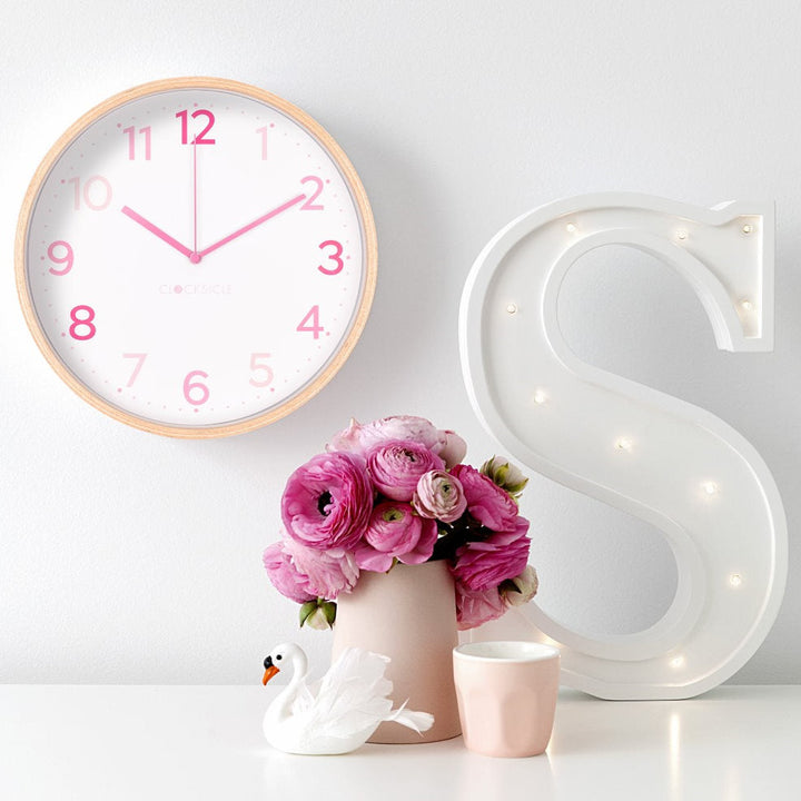 Clocksicle Silent Wood Wall Clock Multi Pink Lifestyle 1