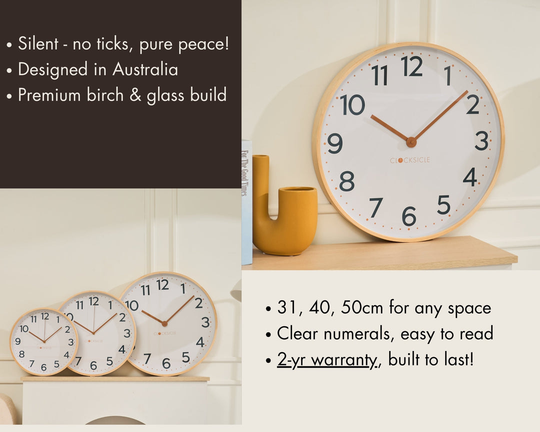 Clocksicle Silent Wood Wall Clock Mustard Navy 50cm CC-50-MUST Features #size_50cm