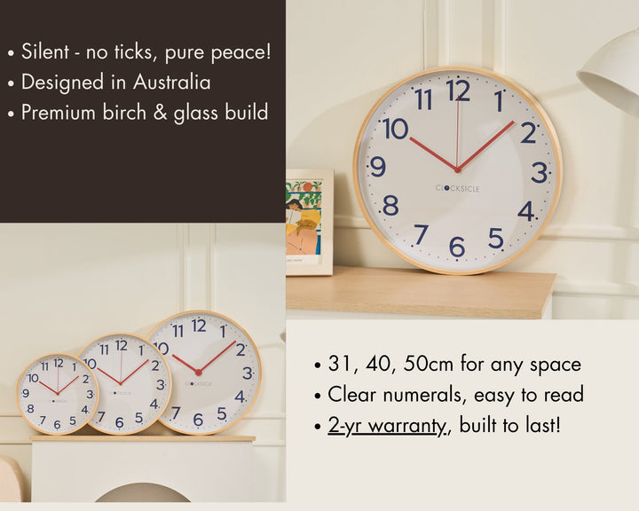 Clocksicle Silent Wood Wall Clock Navy 40cm CC-40-NAVY Features #size_40cm