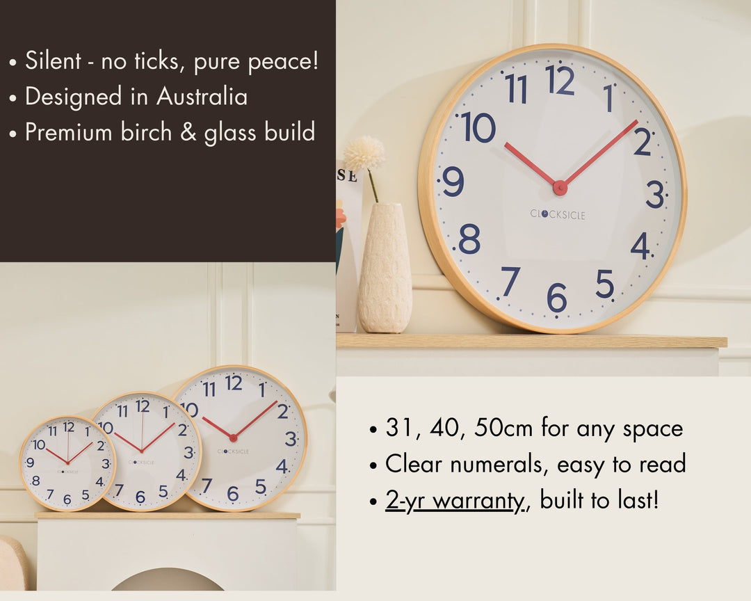 Clocksicle Silent Wood Wall Clock Navy 50cm CC-50-NAVY Features #size_50cm