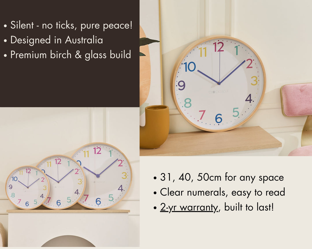 Clocksicle Silent Wood Wall Clock Neon Rainbow 40cm CC-40-NERA Features #size_40cm