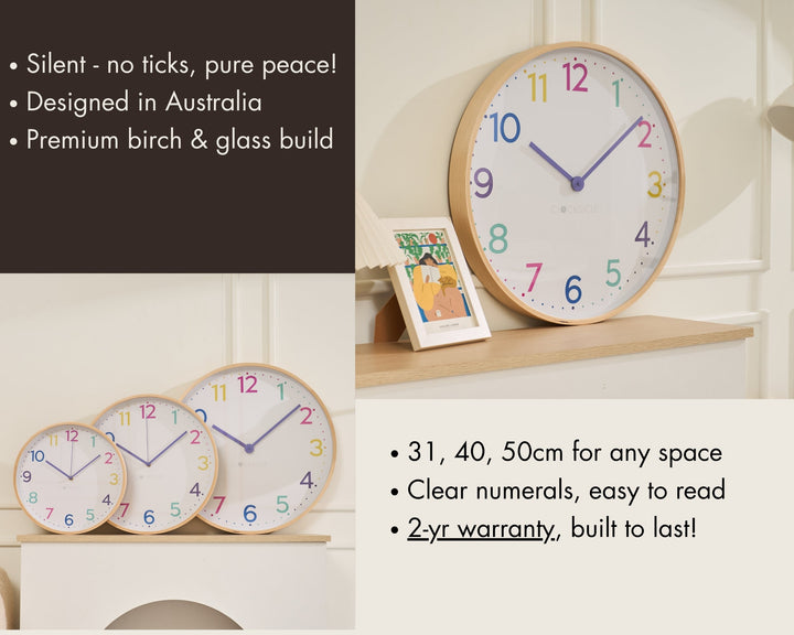 Clocksicle Silent Wood Wall Clock Neon Rainbow 50cm CC-50-NERA Features #size_50cm