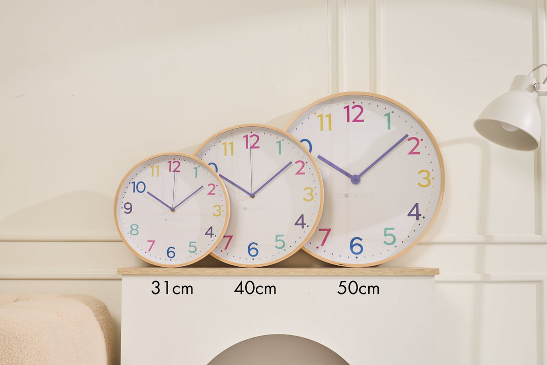 Clocksicle Silent Wood Wall Clock Neon Rainbow All Sizes Together #size_40cm