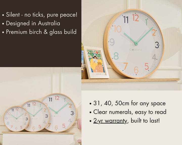 Clocksicle Silent Wood Wall Clock Rainbow 50cm CC-50-RAIN Features #size_50cm