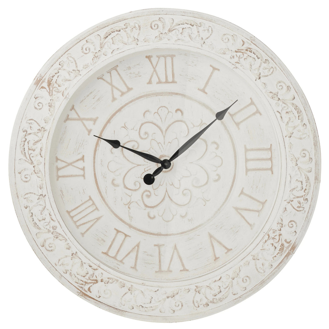 High ST White on White Scroll Carved Wood Wall Clock 70cm 48802CLK 1