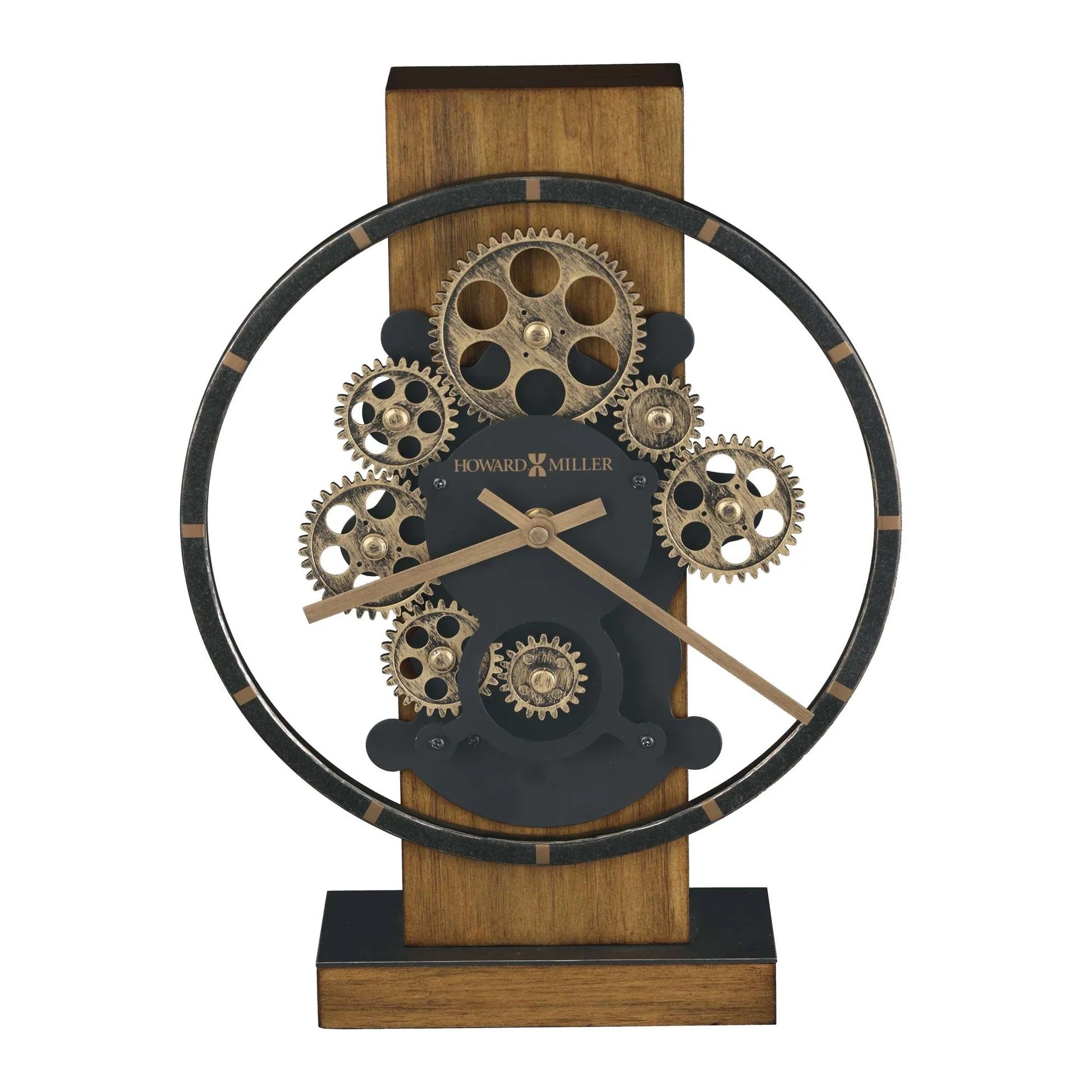Howard Miller Wilder Wood Column Metal Moving Gears Desk Clock