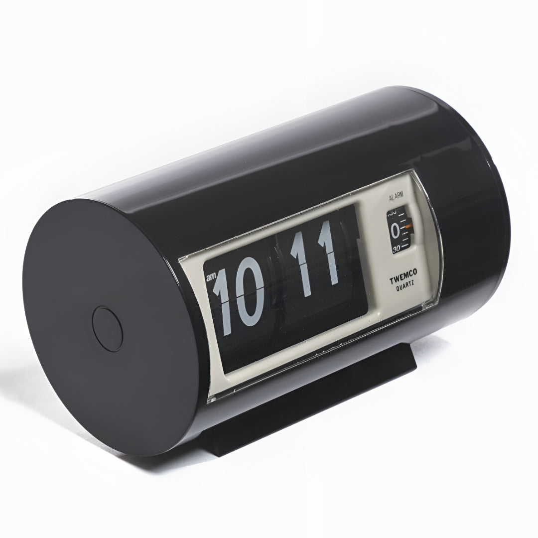 Jadco Cylindrical Flip Card Rotating Dial Alarm Clock Black 12cm AP28-Black Angled