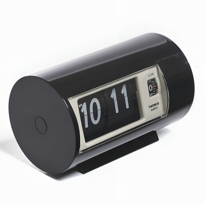Jadco Cylindrical Flip Card Rotating Dial Alarm Clock Black 12cm AP28-Black Angled