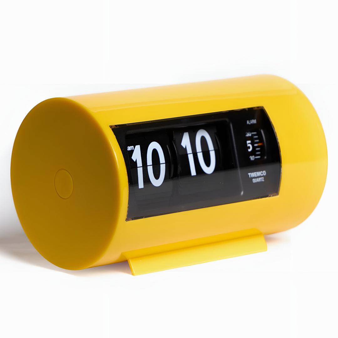 Jadco Cylindrical Flip Card Rotating Dial Alarm Clock Yellow 12cm AP28-Yellow Angled