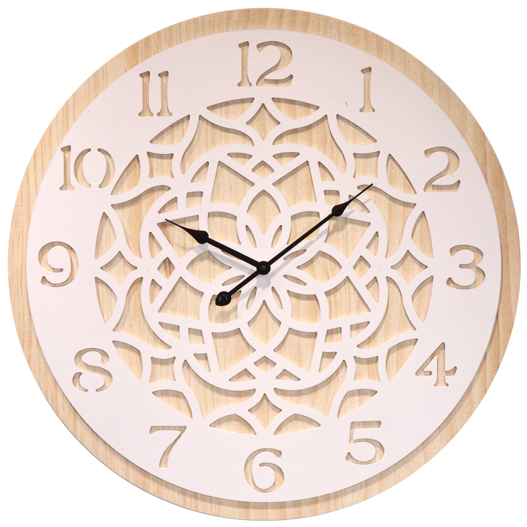 Koda Living Lattice Serenity Mandala Cut Out Wood Wall Clock White Natural 60cm KC5515 1