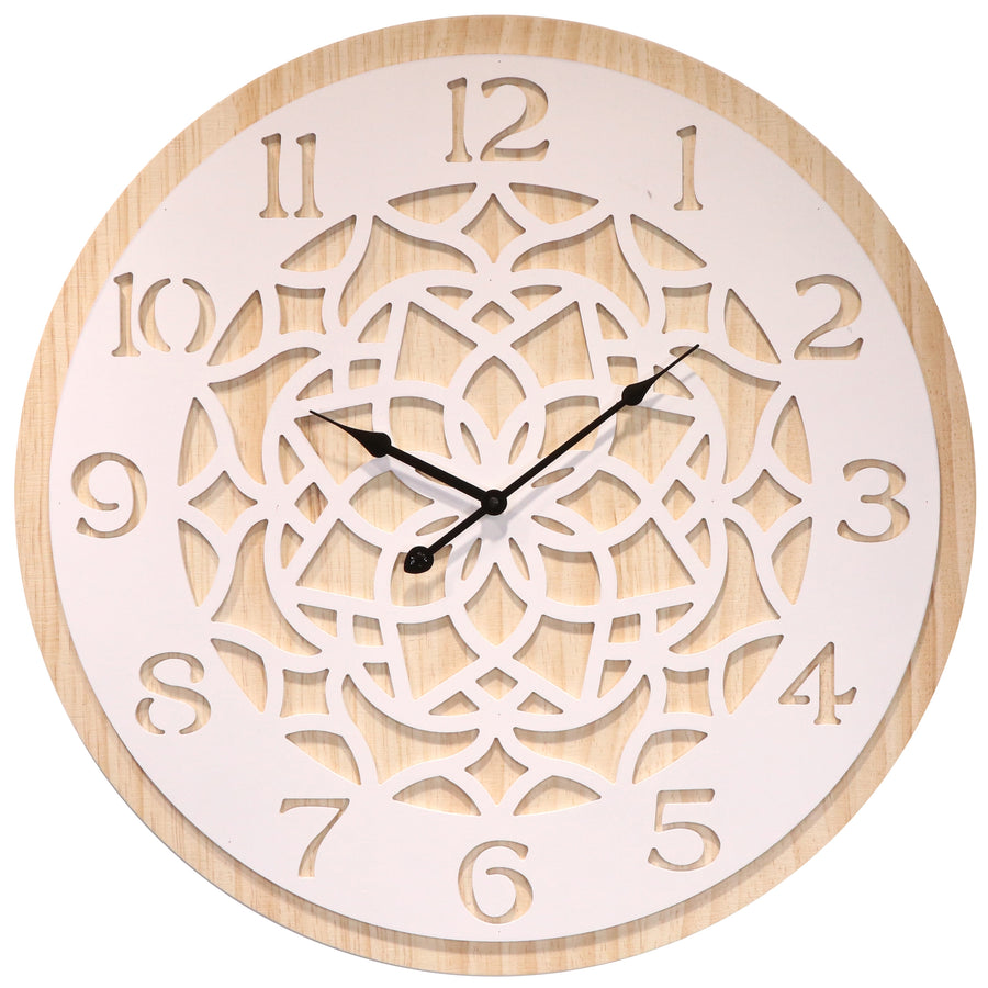 Koda Living Lattice Serenity Mandala Cut Out Wood Wall Clock White Natural 60cm KC5515 1