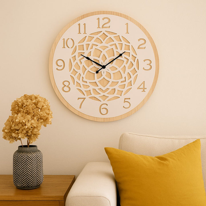 Koda Living Lattice Serenity Mandala Cut Out Wood Wall Clock White Natural 60cm KC5515 2