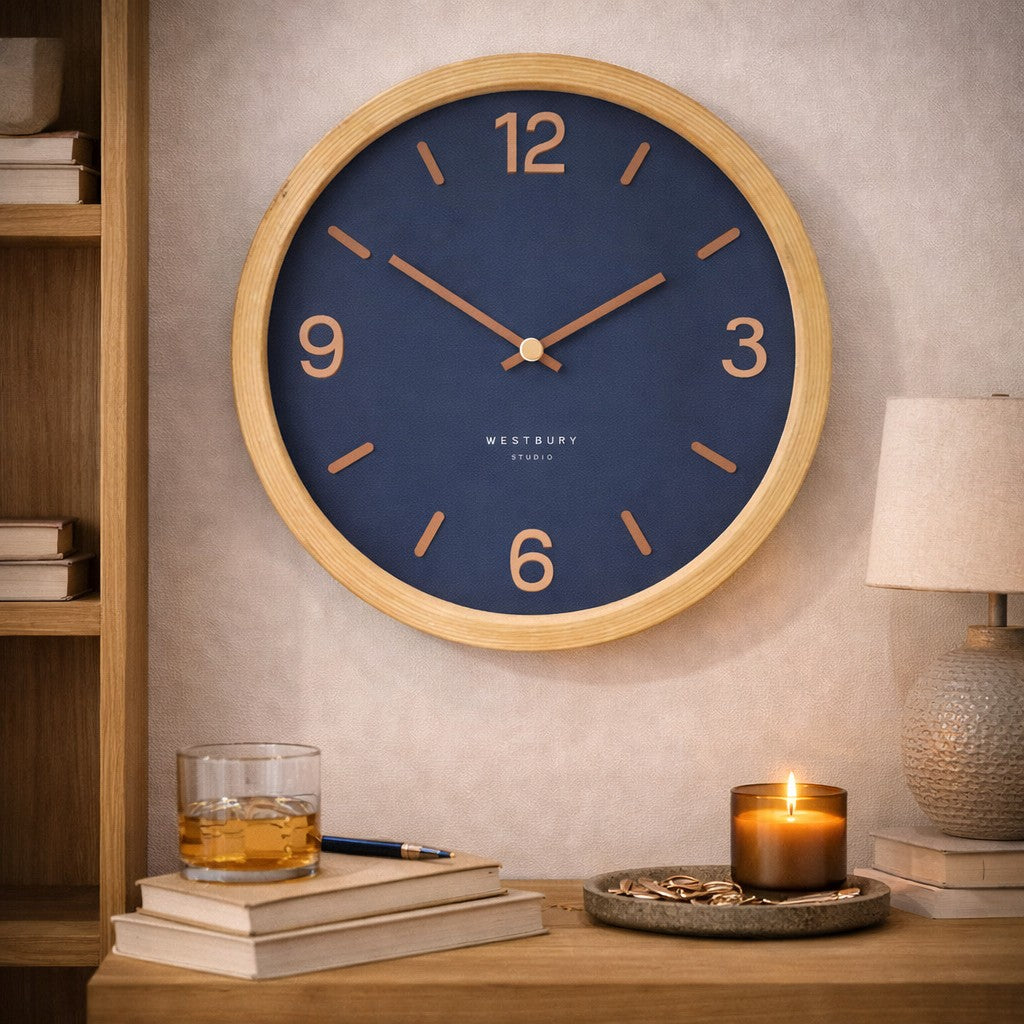 Koda Living Midnight Oak Wood Frame Glass Wall Clock Blue 50cm KC5513-B 2