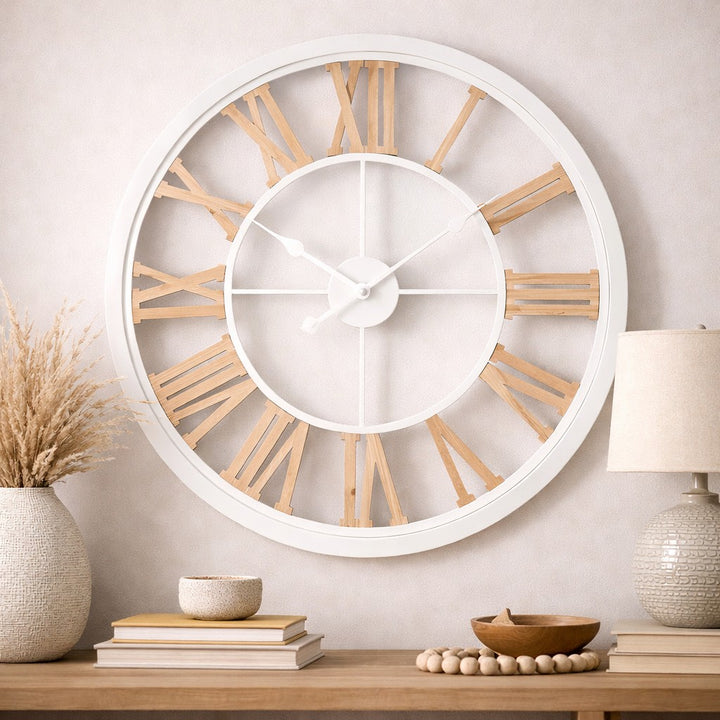 Koda Living Open Roman Serenity Skeleton Metal Wood Wall Clock White 80cm KC5519 2