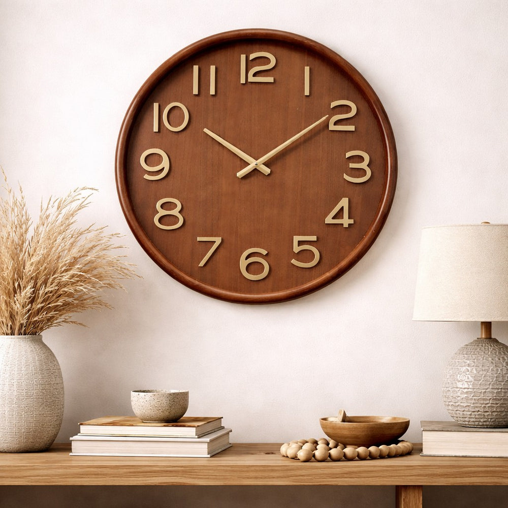 Koda Living Walnut Glow Pine Wood Bold Numerals Wall Clock 60cm KC5516 2