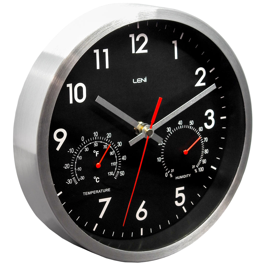 Leni Arden Aluminium Temperature Humidity Wall Clock Black 25cm 64101BLA 3