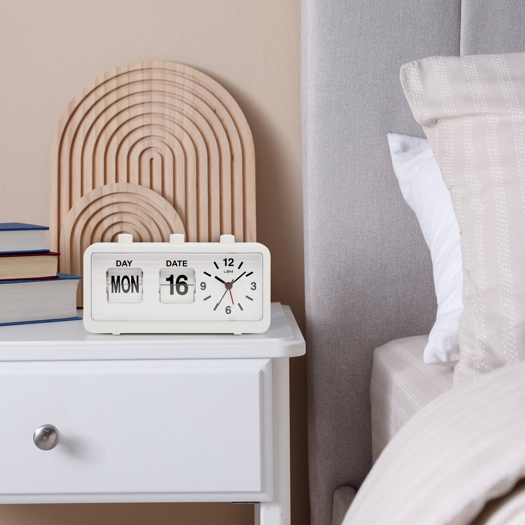 Leni Flipper Retro Manual Day Date Alarm Clock White 20cm 64920WHI 4