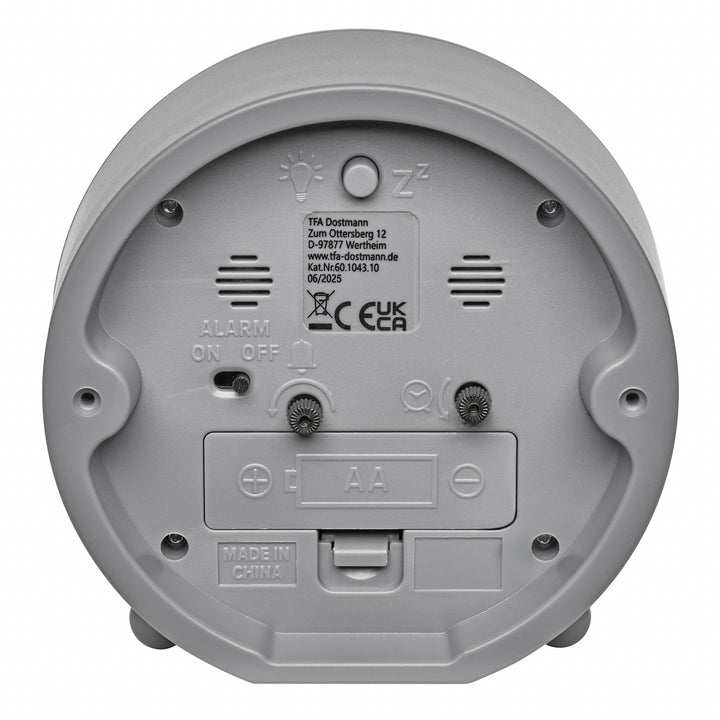 TFA Asher Analogue Round Modern Alarm Clock Grey 11cm 60.1043.10 3
