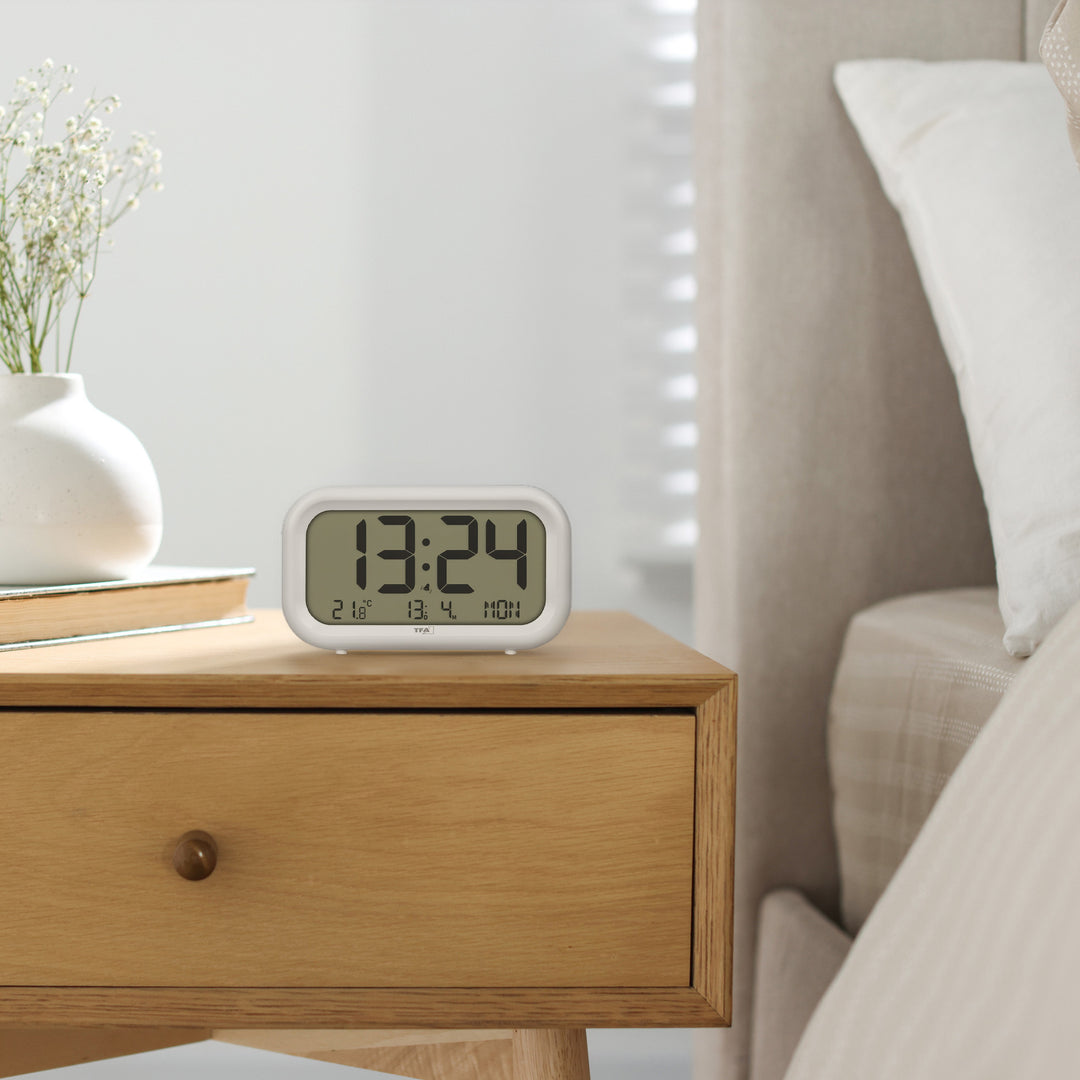 TFA Nocta Digital Day Date Temperature Alarm Clock White 12cm 60.2052.02 7