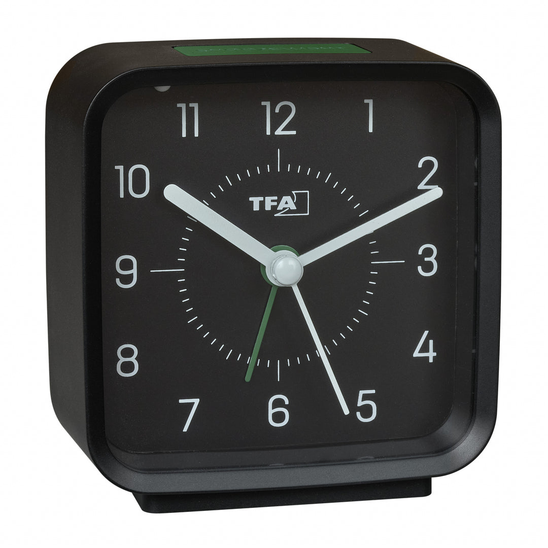 TFA Rowan Square Silent Sweep Alarm Clock Black and Green 9cm 60.1044.01.04 1