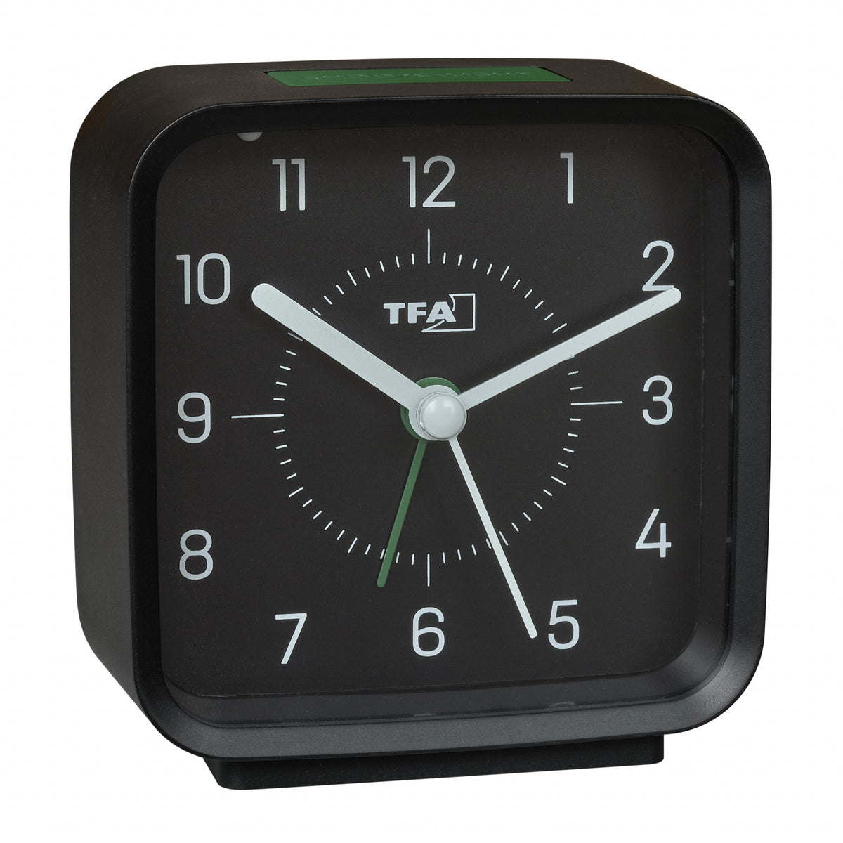 TFA Rowan Square Silent Sweep Alarm Clock Black and Green 9cm 60.1044.01.04 1