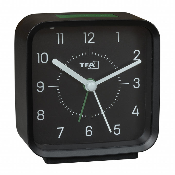 TFA Rowan Square Silent Sweep Alarm Clock Black and Green 9cm 60.1044.01.04 1