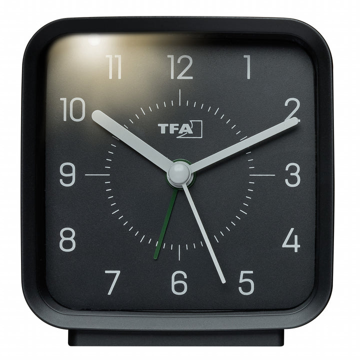 TFA Rowan Square Silent Sweep Alarm Clock Black and Green 9cm 60.1044.01.04 2