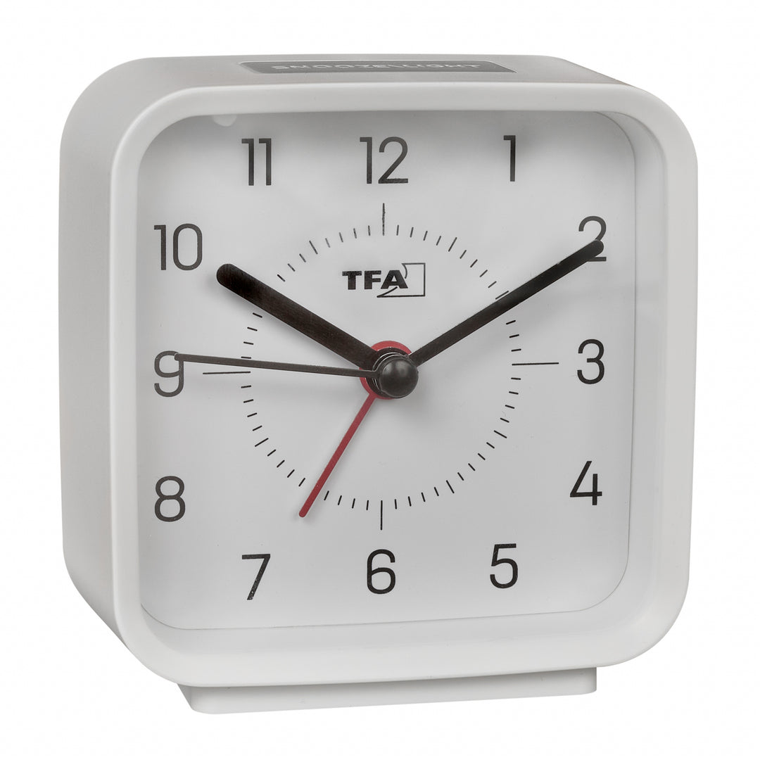 TFA Rowan Square Silent Sweep Alarm Clock White and Grey 9cm 60.1044.02.10 1