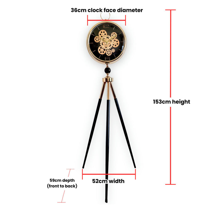 Victory Colton Tripod Metal Moving Gears Floor Clock Black Gold 153cm CCJ-8081BK Size