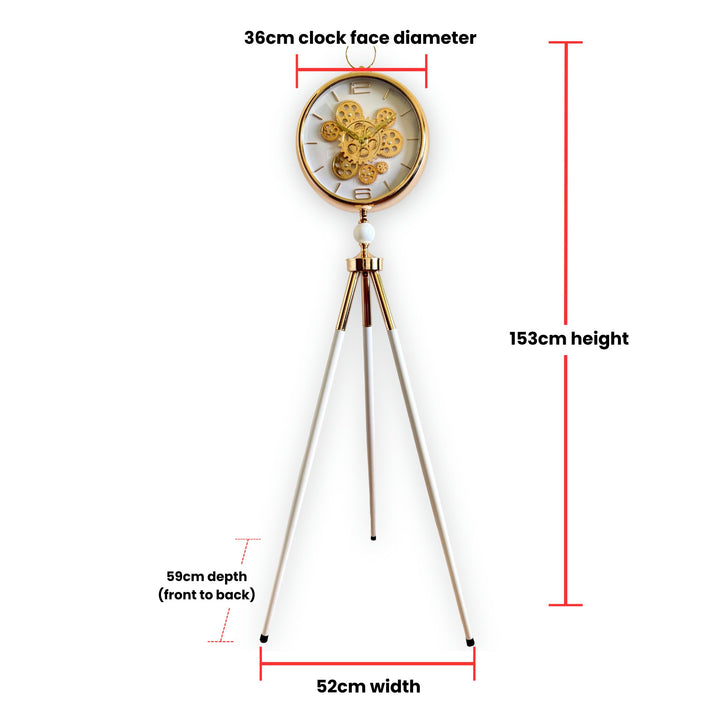 Victory Colton Tripod Metal Moving Gears Floor Clock White Gold 153cm CCJ-8082WT Size