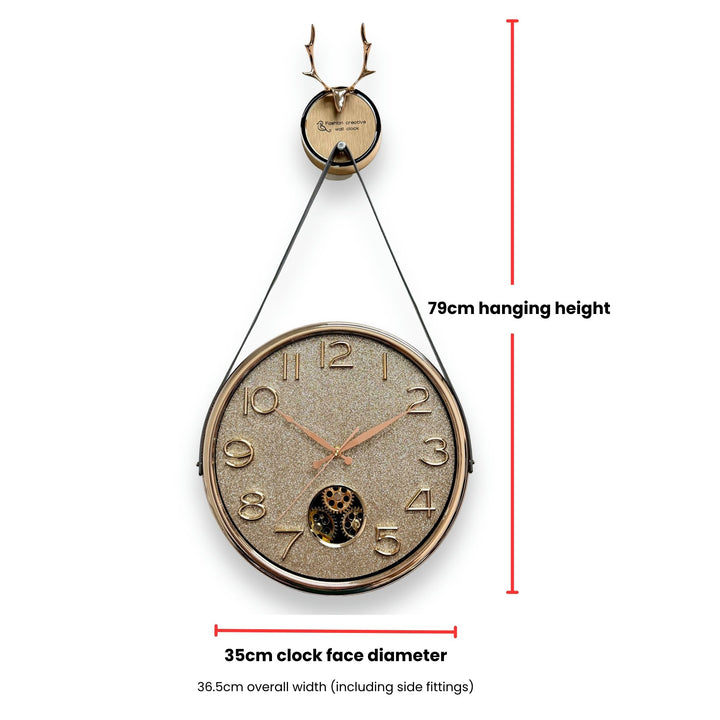 Victory Orla Gold Glitter Moving Gears Leather Strap Wall Clock 79cm CBL-6811 Size