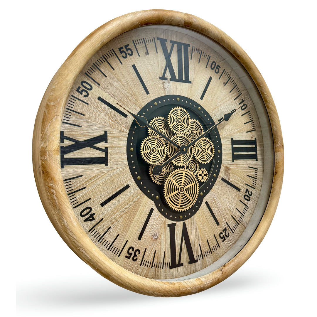 Victory Percy Thick Wood Frame Moving Gears Roman Numeral Wall Clock 60cm CCM-1822 1